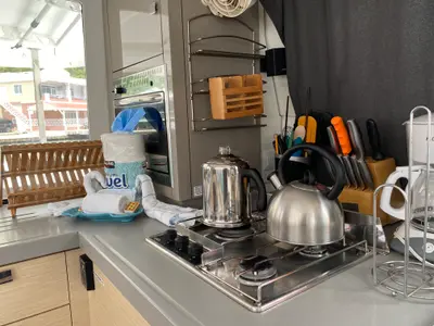 Galley of Island Life, a Fountaine Pajot Lucia 40 catamaran at Road Town, British Virgin Islands