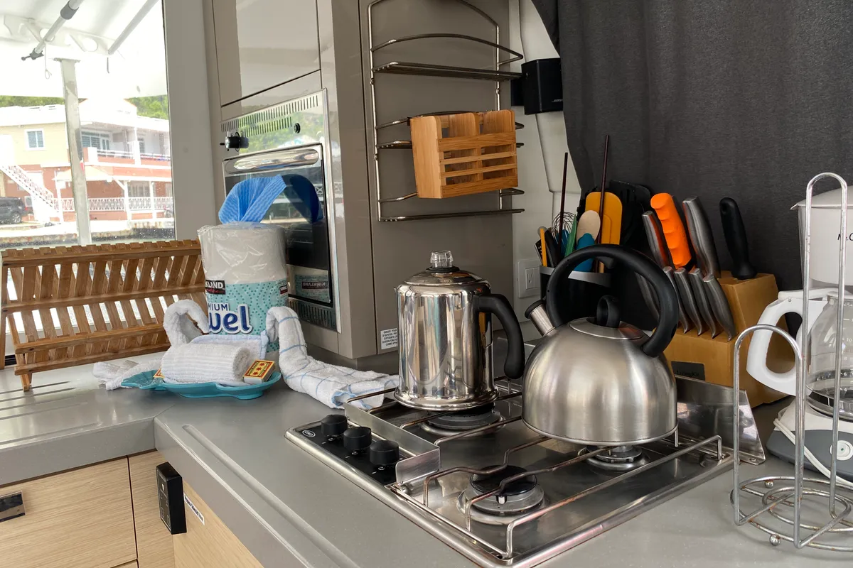 Galley of Island Life, a Fountaine Pajot Lucia 40 catamaran at Road Town, British Virgin Islands
