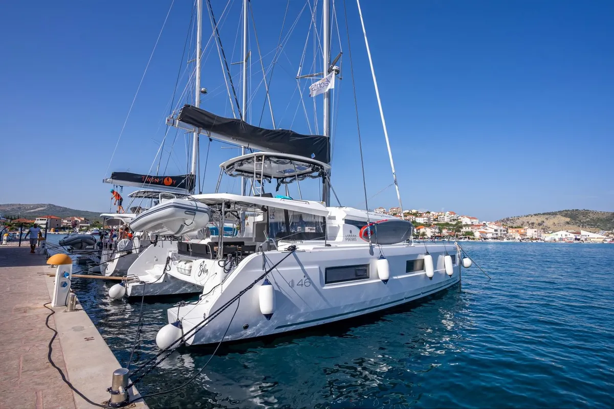 Exterior view of Sofia, a Lagoon 46 catamaran at Općina Rogoznica, Croatia
