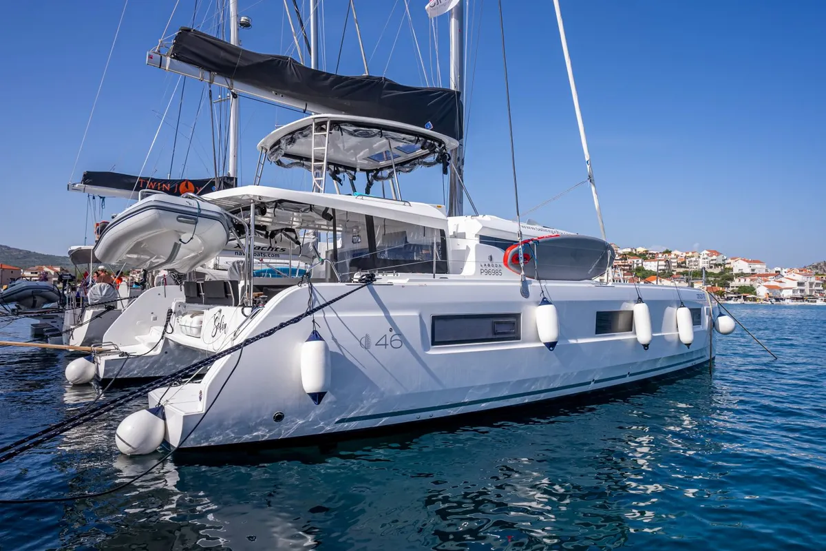 Exterior view of Sofia, a Lagoon 46 catamaran at Općina Rogoznica, Croatia