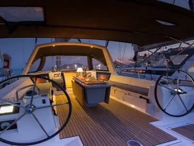 Cockpit of DAEDALUS, a Beneteau Oceanis 45 sailboat at Municipal Unit of Lefkada, Greece