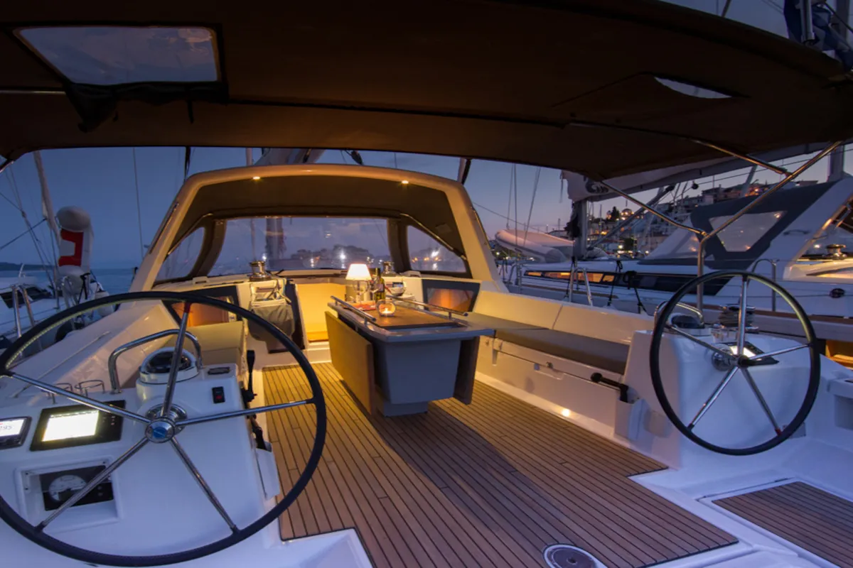Cockpit of DAEDALUS, a Beneteau Oceanis 45 sailboat at Municipal Unit of Lefkada, Greece
