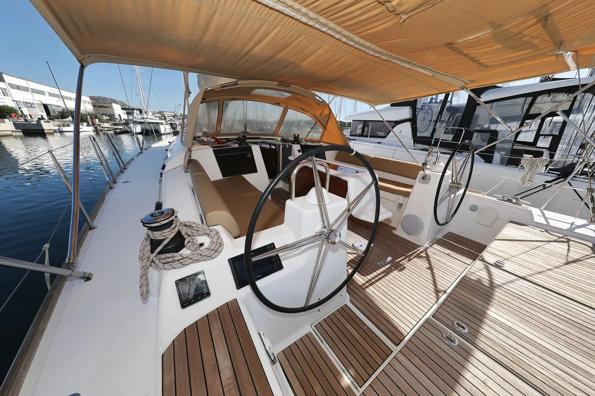 Cockpit of Siri, a Dufour 460 GL sailboat at Grad Vodice, Croatia