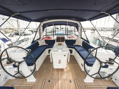 Cockpit of Aphros, a Beneteau Oceanis 51.1 sailboat at Salerno, Italy