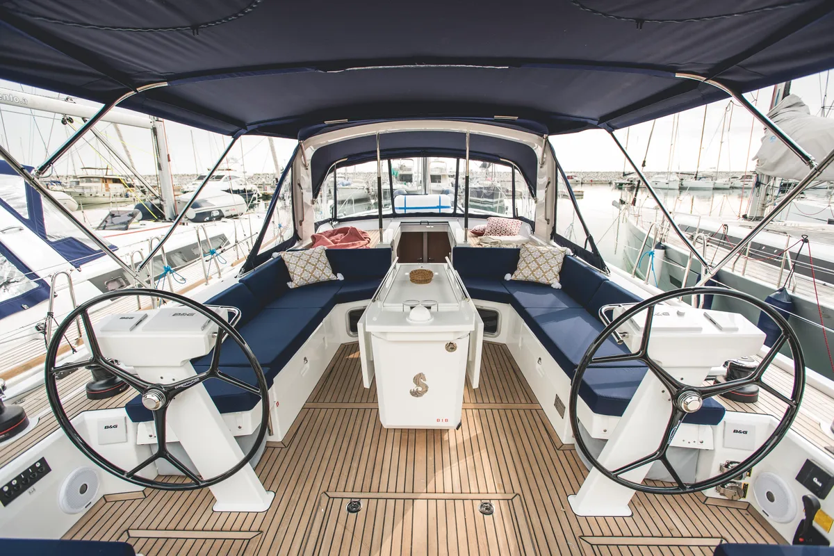 Cockpit of Aphros, a Beneteau Oceanis 51.1 sailboat at Salerno, Italy
