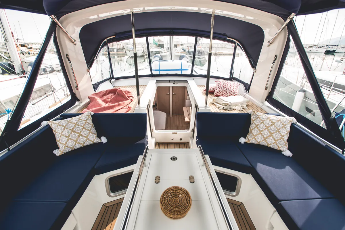 Cockpit of Aphros, a Beneteau Oceanis 51.1 sailboat at Salerno, Italy