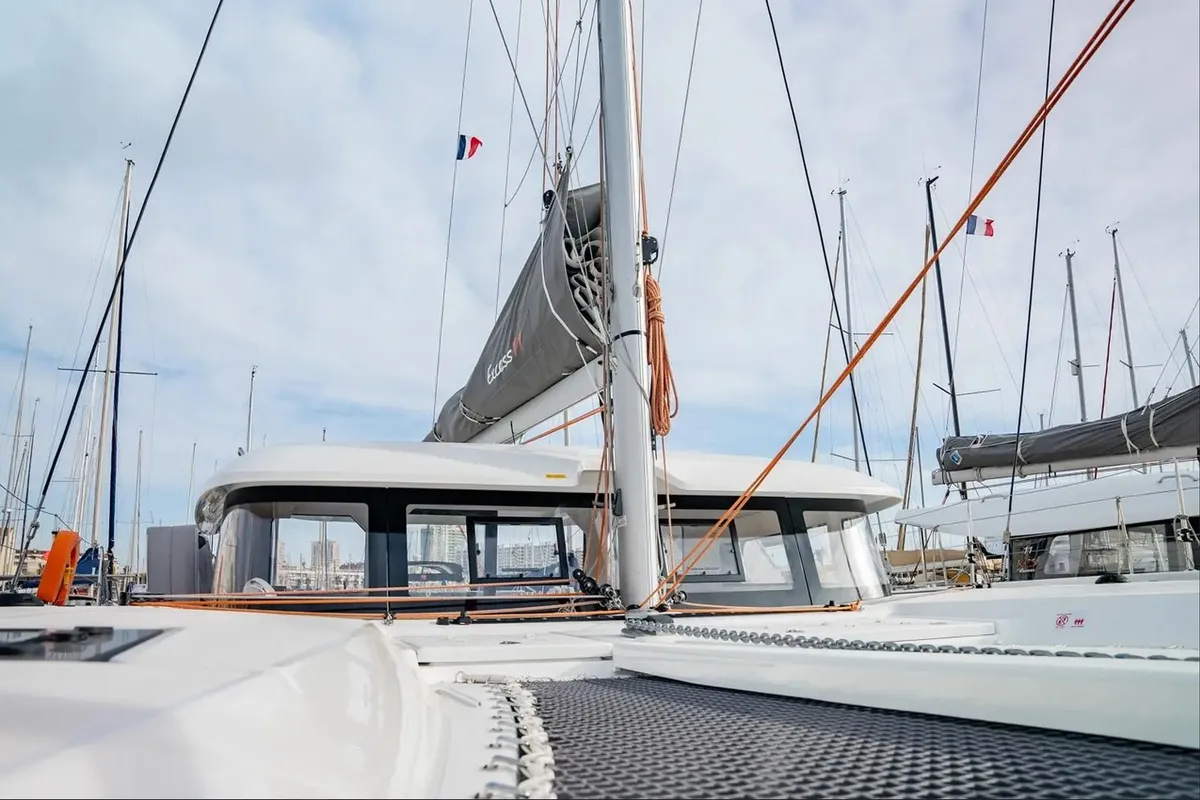 Deck of Alpamapa, a Excess 11 catamaran at Toulon, France