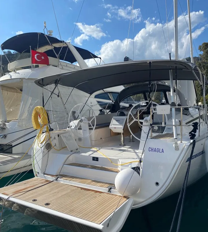 Exterior view of Chagla, a Bavaria Cruiser 46 sailboat at Fethiye, Turkey