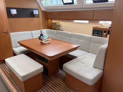 Salon of Chagla, a Bavaria Cruiser 46 sailboat at Fethiye, Turkey