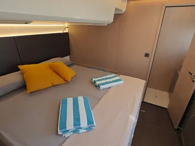 Cabin on ViVa, a Prestige M48 catamaran at Castellammare di Stabia, Italy