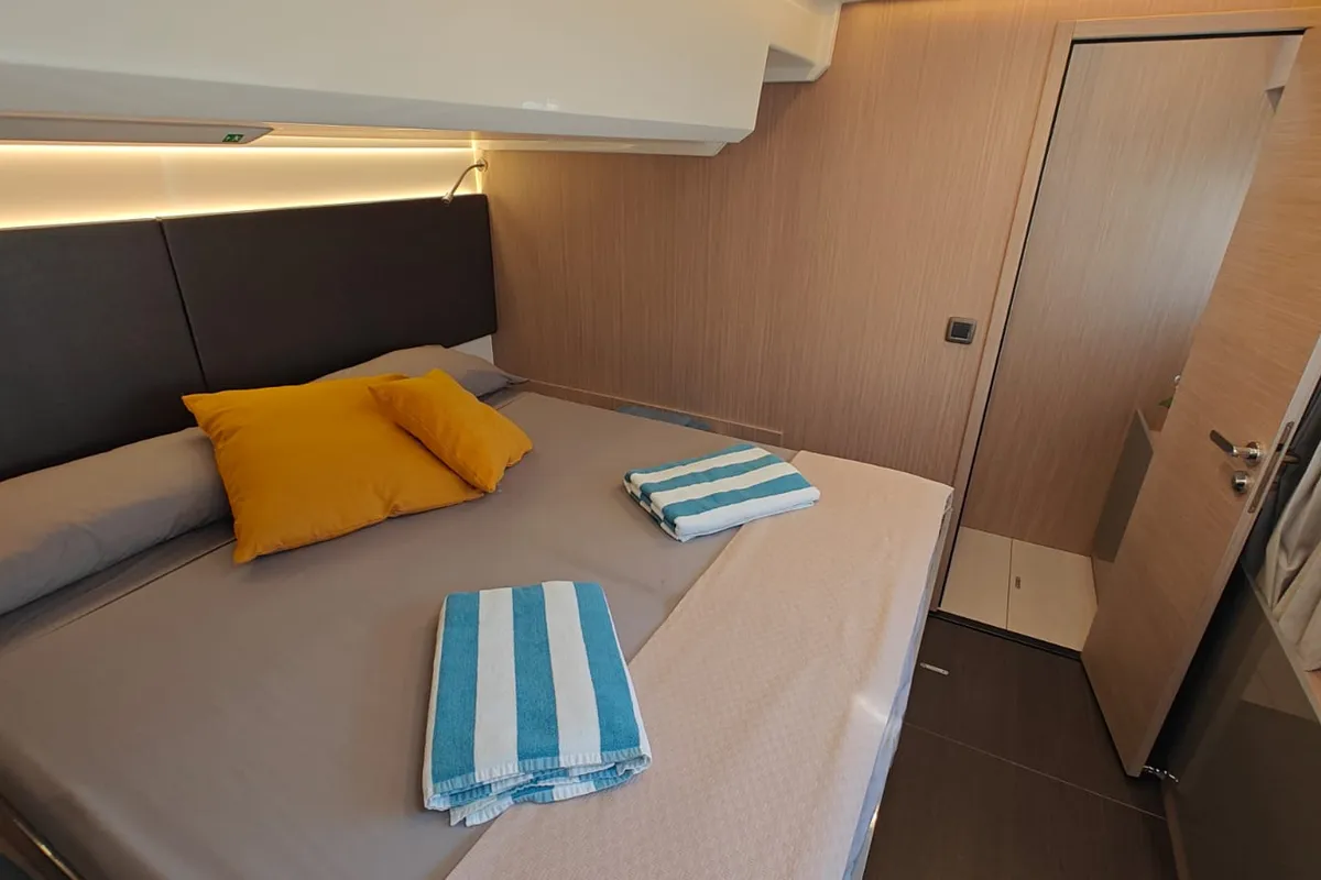 Cabin on ViVa, a Prestige M48 catamaran at Castellammare di Stabia, Italy