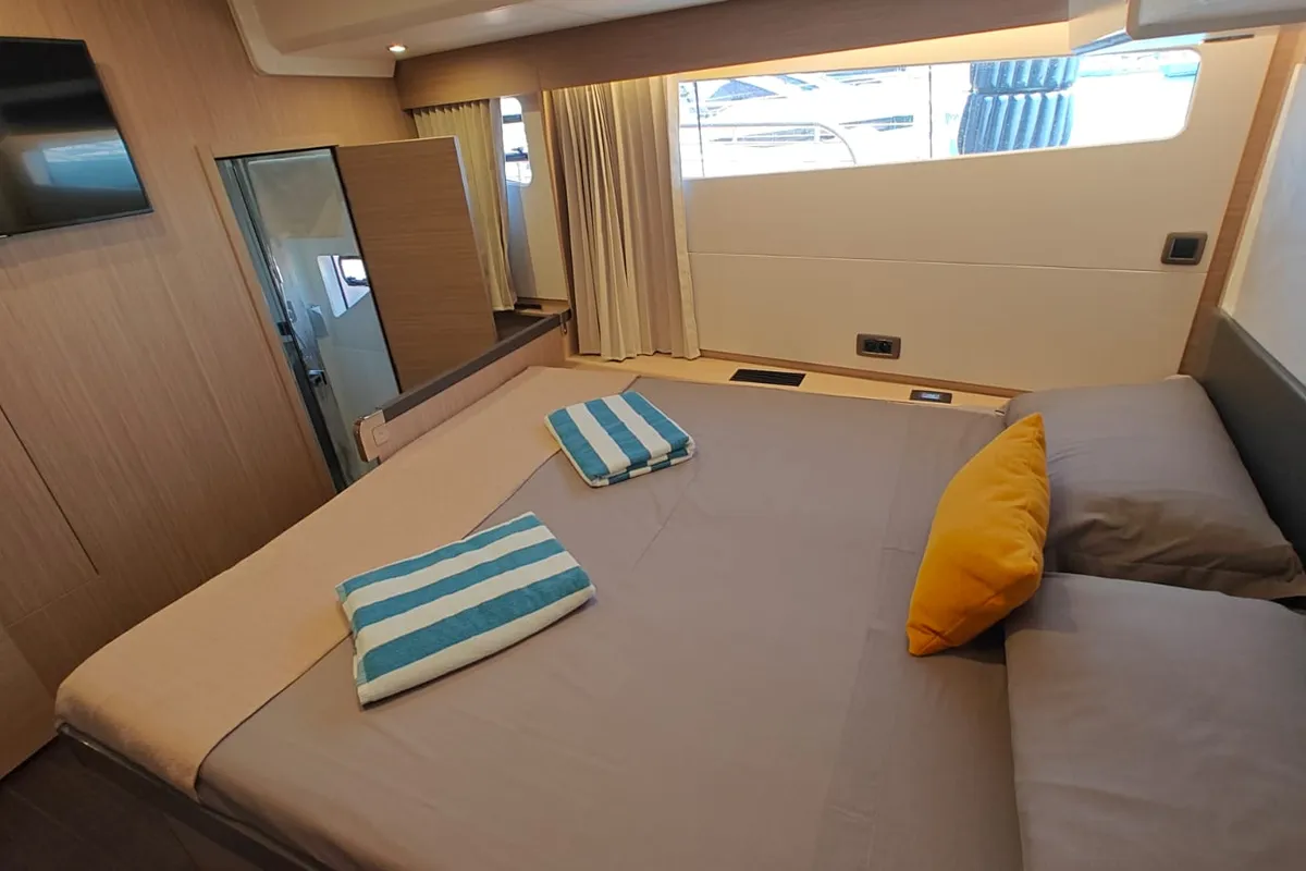 Cabin on ViVa, a Prestige M48 catamaran at Castellammare di Stabia, Italy