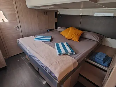 Cabin on ViVa, a Prestige M48 catamaran at Castellammare di Stabia, Italy