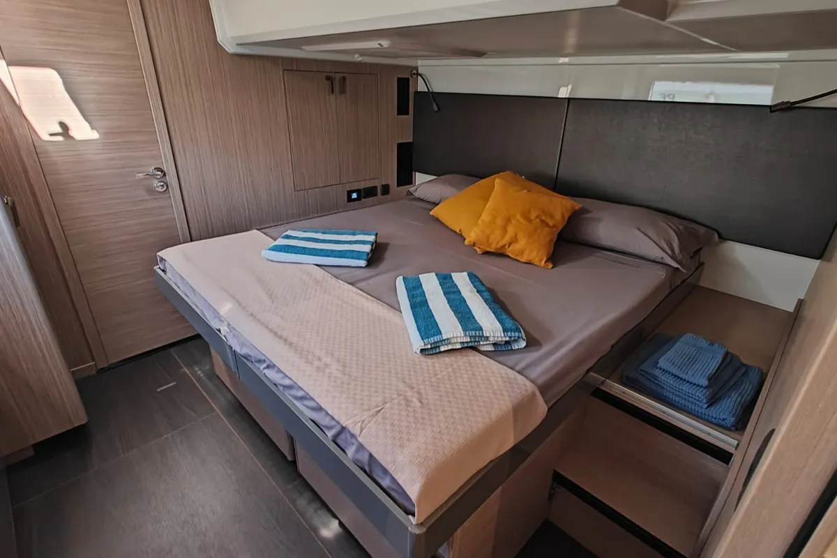 Cabin on ViVa, a Prestige M48 catamaran at Castellammare di Stabia, Italy