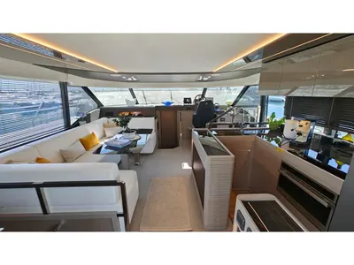 Salon of ViVa, a Prestige M48 catamaran at Castellammare di Stabia, Italy