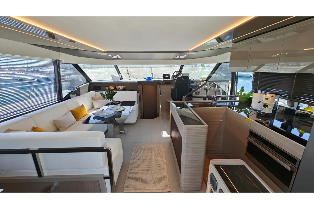 Salon of ViVa, a Prestige M48 catamaran at Castellammare di Stabia, Italy