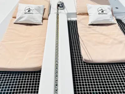 Deck of Excess 11, a catamaran at Ibiza, Spain