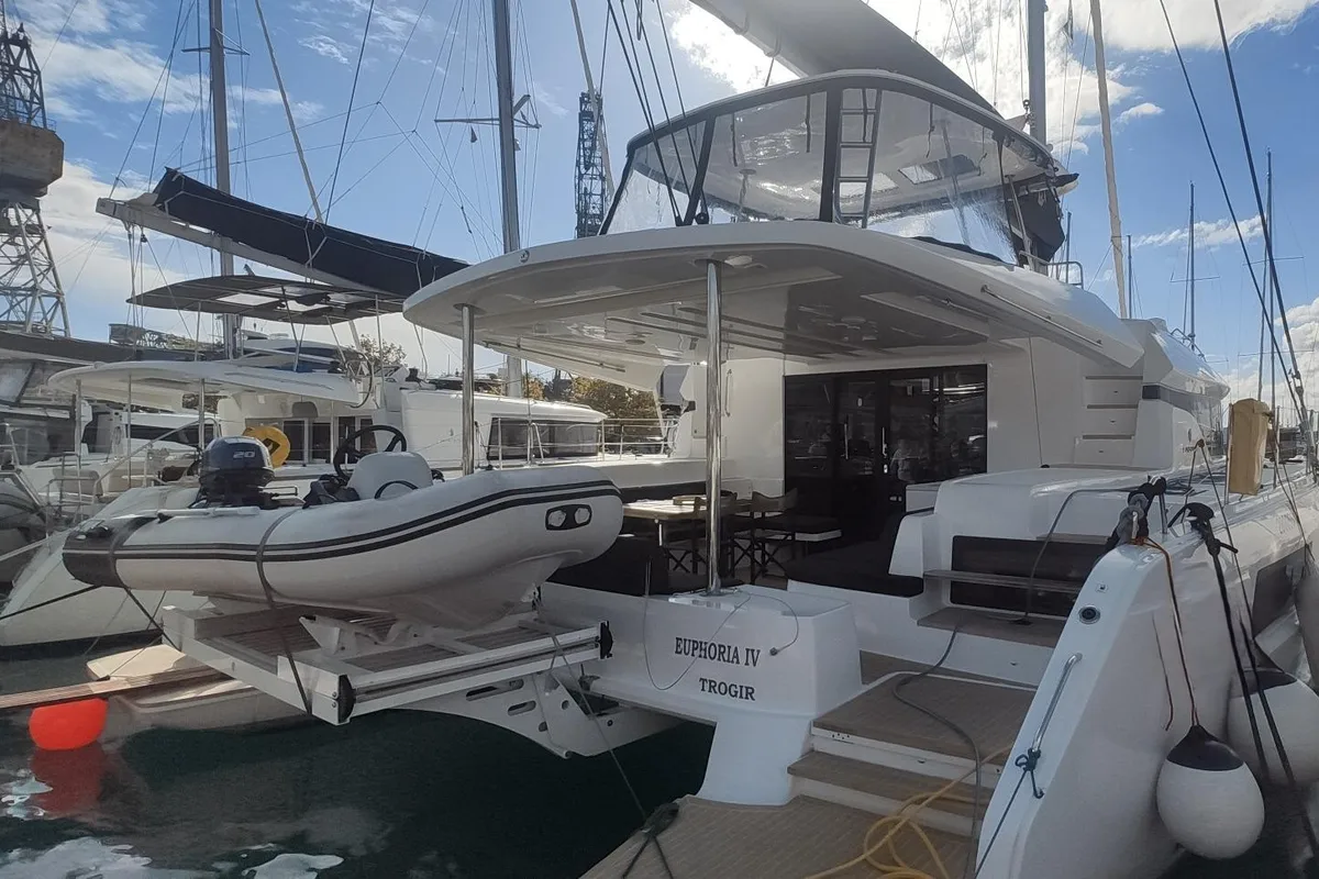 Exterior view of Euphoria IV, a Lagoon 51 catamaran at Grad Kaštela, Croatia