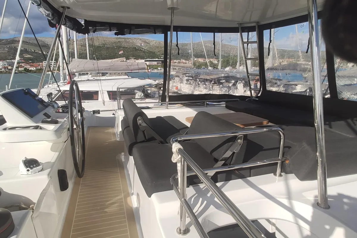 Cockpit of Euphoria IV, a Lagoon 51 catamaran at Grad Kaštela, Croatia