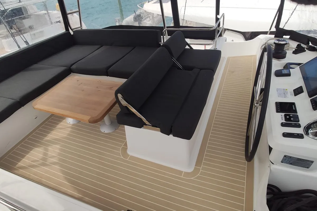 Cockpit of Euphoria IV, a Lagoon 51 catamaran at Grad Kaštela, Croatia