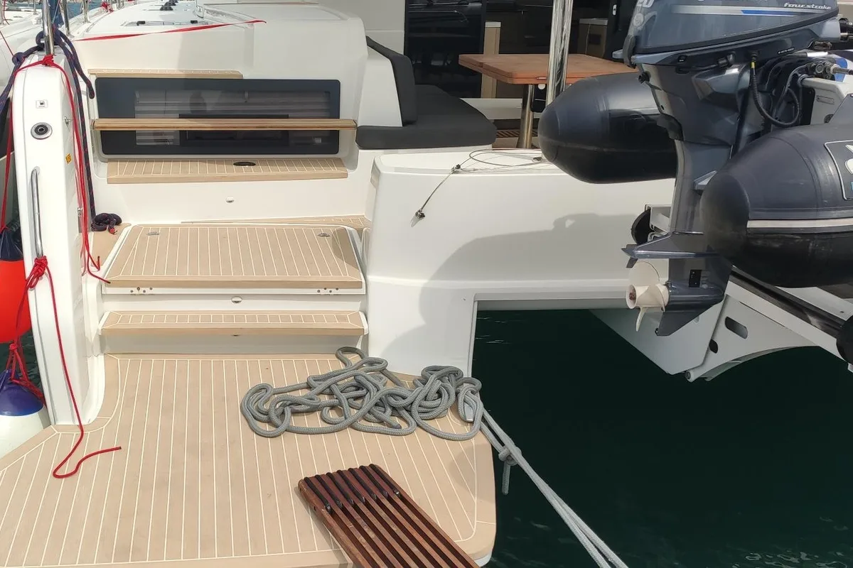 Deck of Euphoria IV, a Lagoon 51 catamaran at Grad Kaštela, Croatia