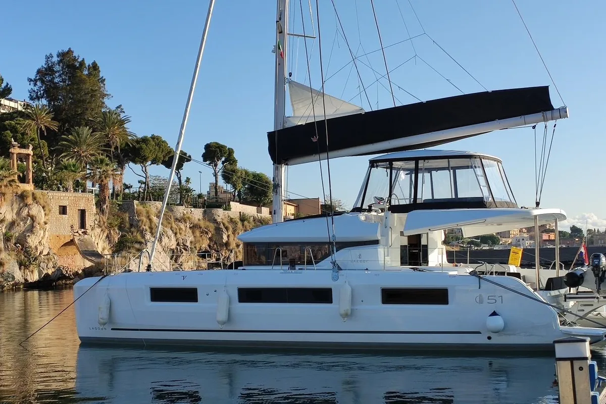 Exterior view of Euphoria IV, a Lagoon 51 catamaran at Grad Kaštela, Croatia