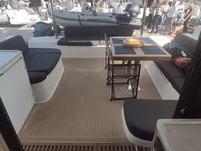 Deck of Euphoria IV, a Lagoon 51 catamaran at Grad Kaštela, Croatia