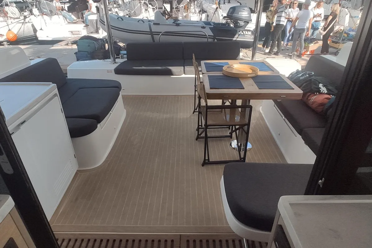 Deck of Euphoria IV, a Lagoon 51 catamaran at Grad Kaštela, Croatia