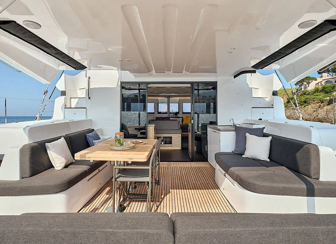 Deck of Euphoria IV, a Lagoon 51 catamaran at Grad Kaštela, Croatia