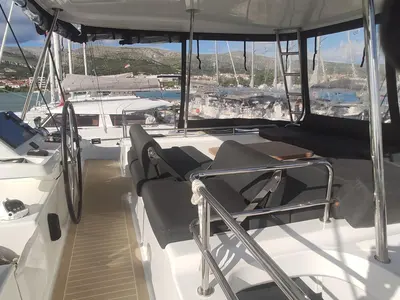 Cockpit of Euphoria IV, a Lagoon 51 catamaran at Grad Kaštela, Croatia
