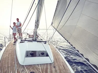 Deck of Sun Odyssey 490 Classic, a Jeanneau Sun Odyssey 490 sailboat at Cannigione, Italy
