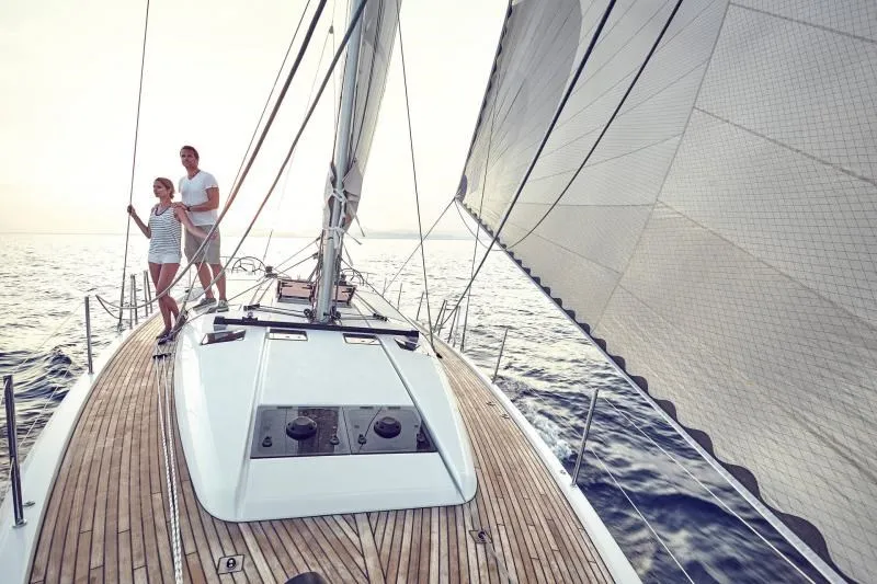 Deck of Sun Odyssey 490 Classic, a Jeanneau Sun Odyssey 490 sailboat at Cannigione, Italy
