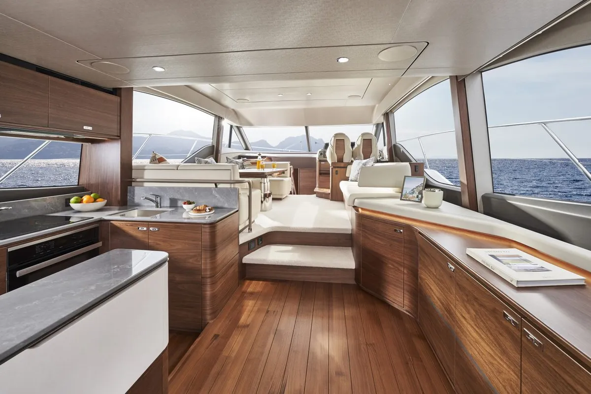 Salon of Mayfly, a Princess 55 F motor yacht at Podstrana - Miljevac, Croatia