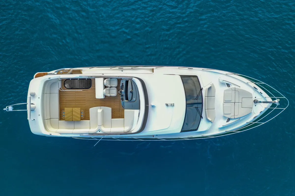 Exterior view of Mayfly, a Princess 55 F motor yacht at Podstrana - Miljevac, Croatia