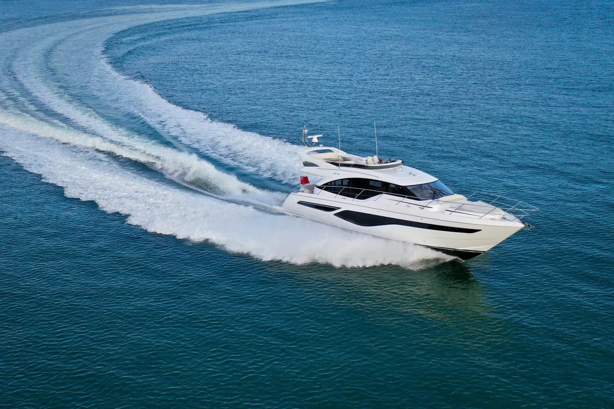 Exterior view of Mayfly, a Princess 55 F motor yacht at Podstrana - Miljevac, Croatia