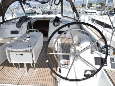 Cockpit of Purple Rain, a Jeanneau Sun Odyssey 519 sailboat at Kaštela, Croatia