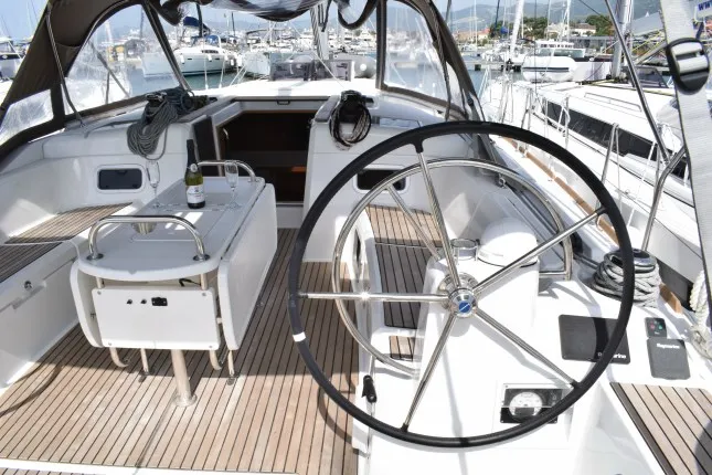 Cockpit of Purple Rain, a Jeanneau Sun Odyssey 519 sailboat at Kaštela, Croatia
