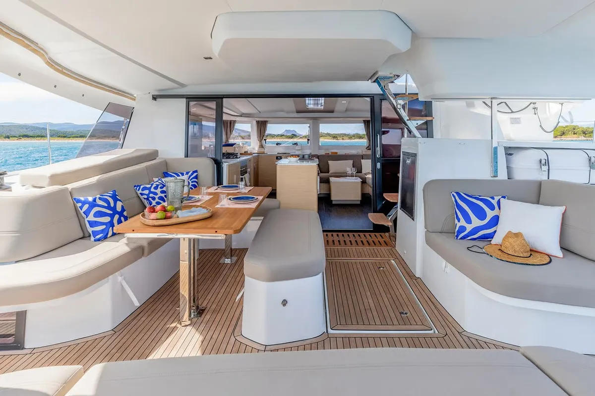 Deck of Cat-O-Caster, a Fountaine Pajot FP 44 Maestro catamaran at Charlotte Amalie, United States
