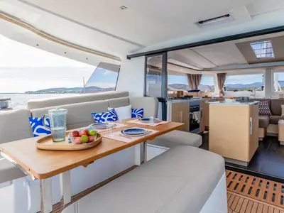 Deck of Cat-O-Caster, a Fountaine Pajot FP 44 Maestro catamaran at Charlotte Amalie, United States