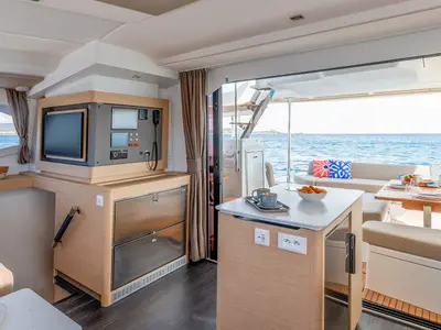 Cockpit of Cat-O-Caster, a Fountaine Pajot FP 44 Maestro catamaran at Charlotte Amalie, United States