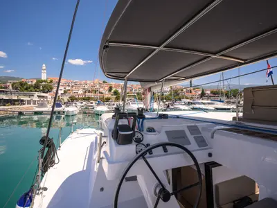 Cockpit of Cap Bon, a Aventura 37 catamaran at Novi Vinodolski, Croatia