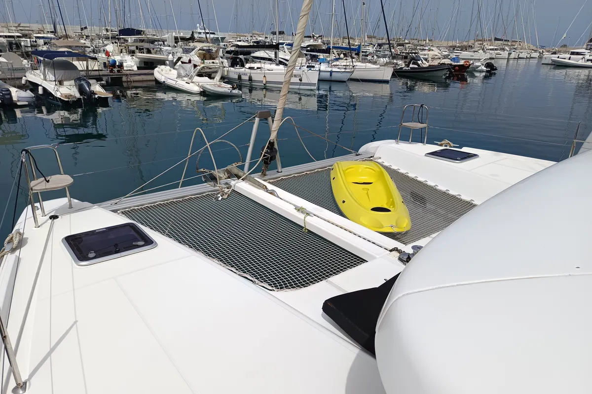 Deck of Waterworld, a Lagoon 42 catamaran at Capo d'Orlando, Italy