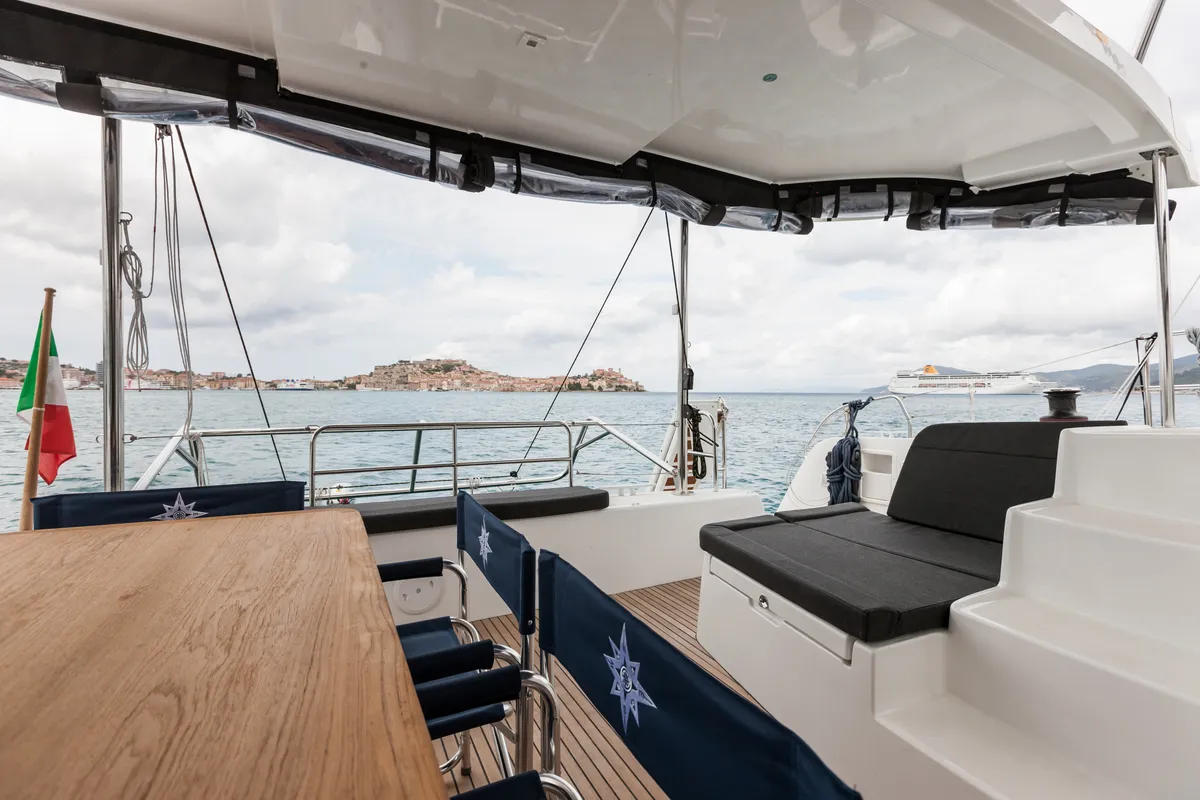 Deck of Waterworld, a Lagoon 42 catamaran at Capo d'Orlando, Italy