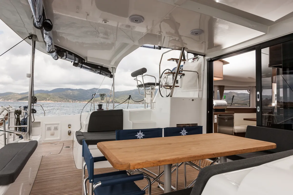 Deck of Waterworld, a Lagoon 42 catamaran at Capo d'Orlando, Italy