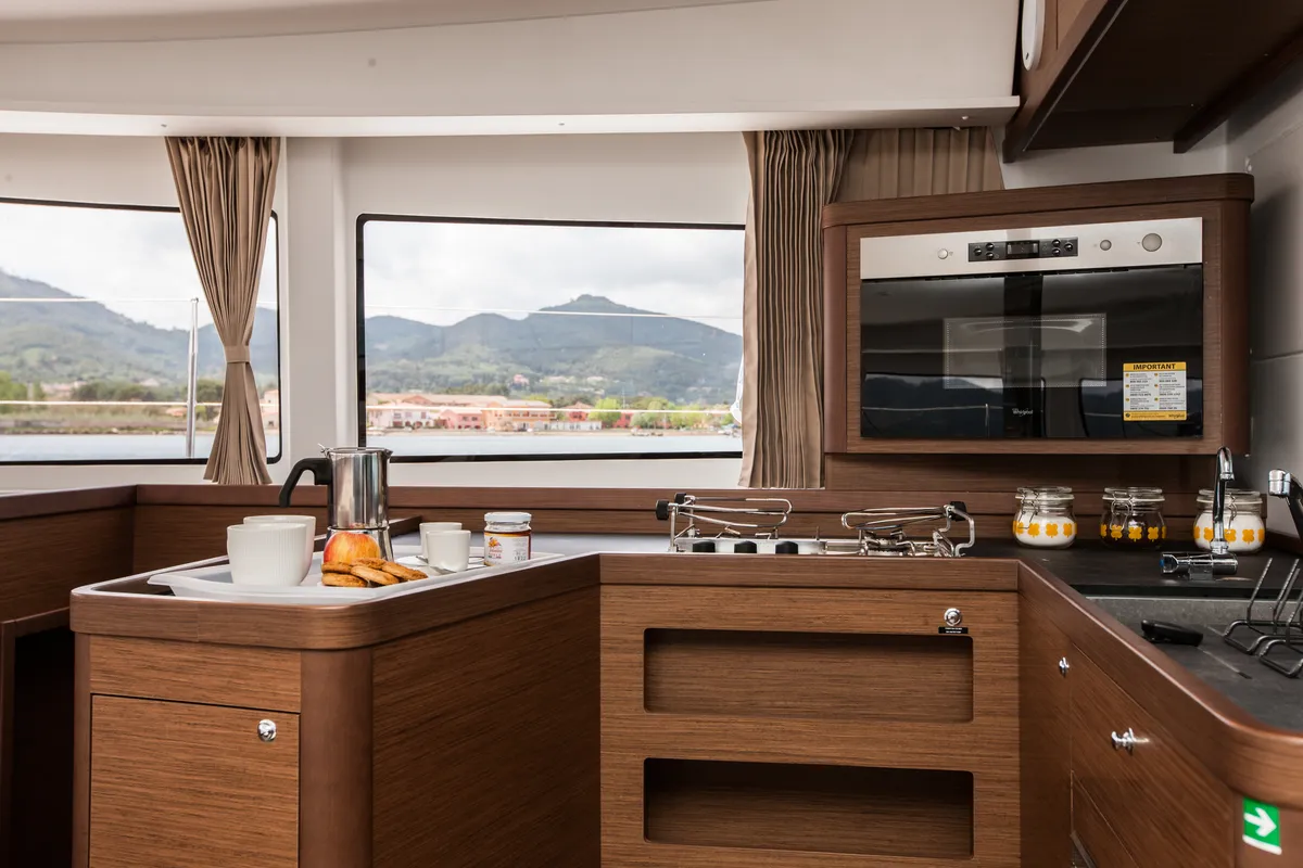 Galley of Waterworld, a Lagoon 42 catamaran at Capo d'Orlando, Italy