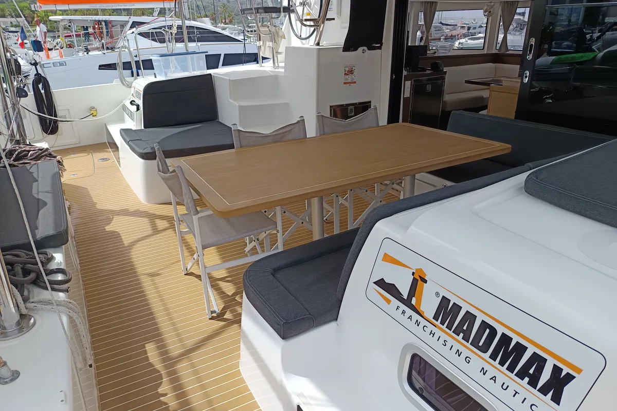 Deck of Waterworld, a Lagoon 42 catamaran at Capo d'Orlando, Italy