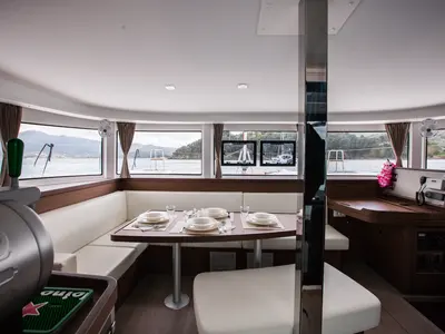 Salon of Waterworld, a Lagoon 42 catamaran at Capo d'Orlando, Italy