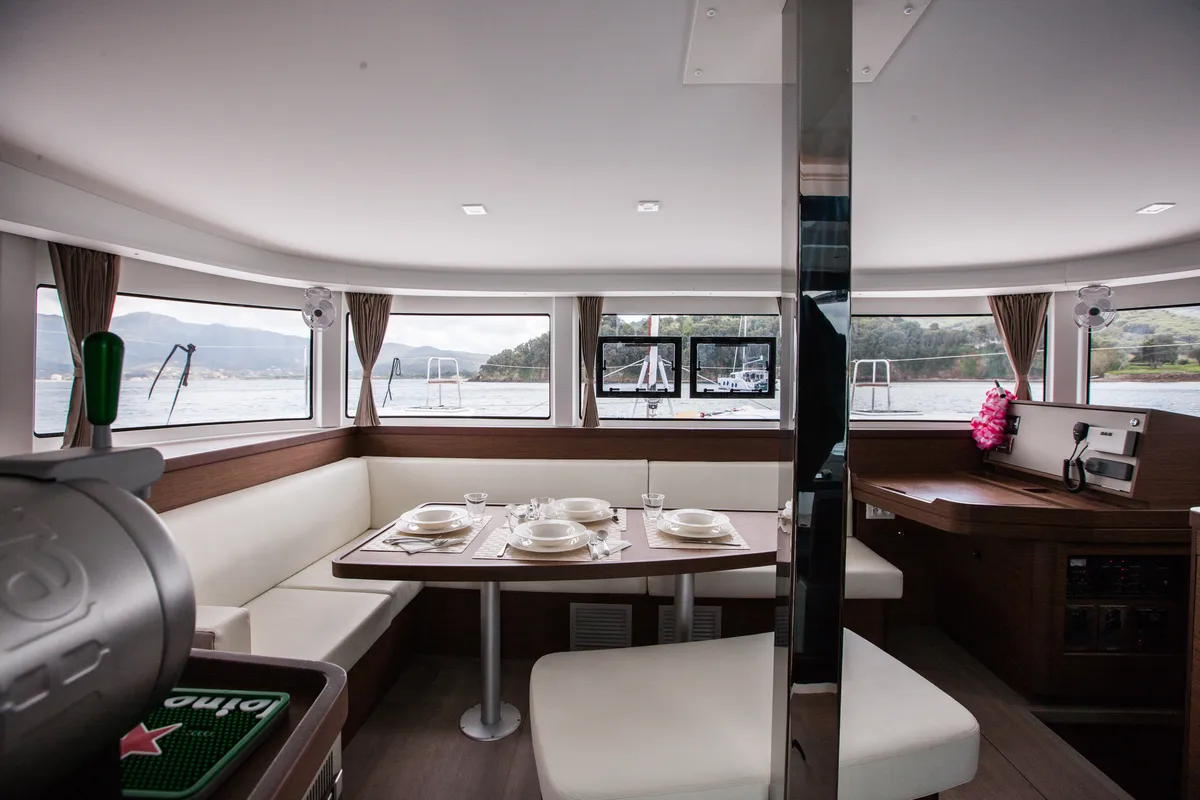 Salon of Waterworld, a Lagoon 42 catamaran at Capo d'Orlando, Italy