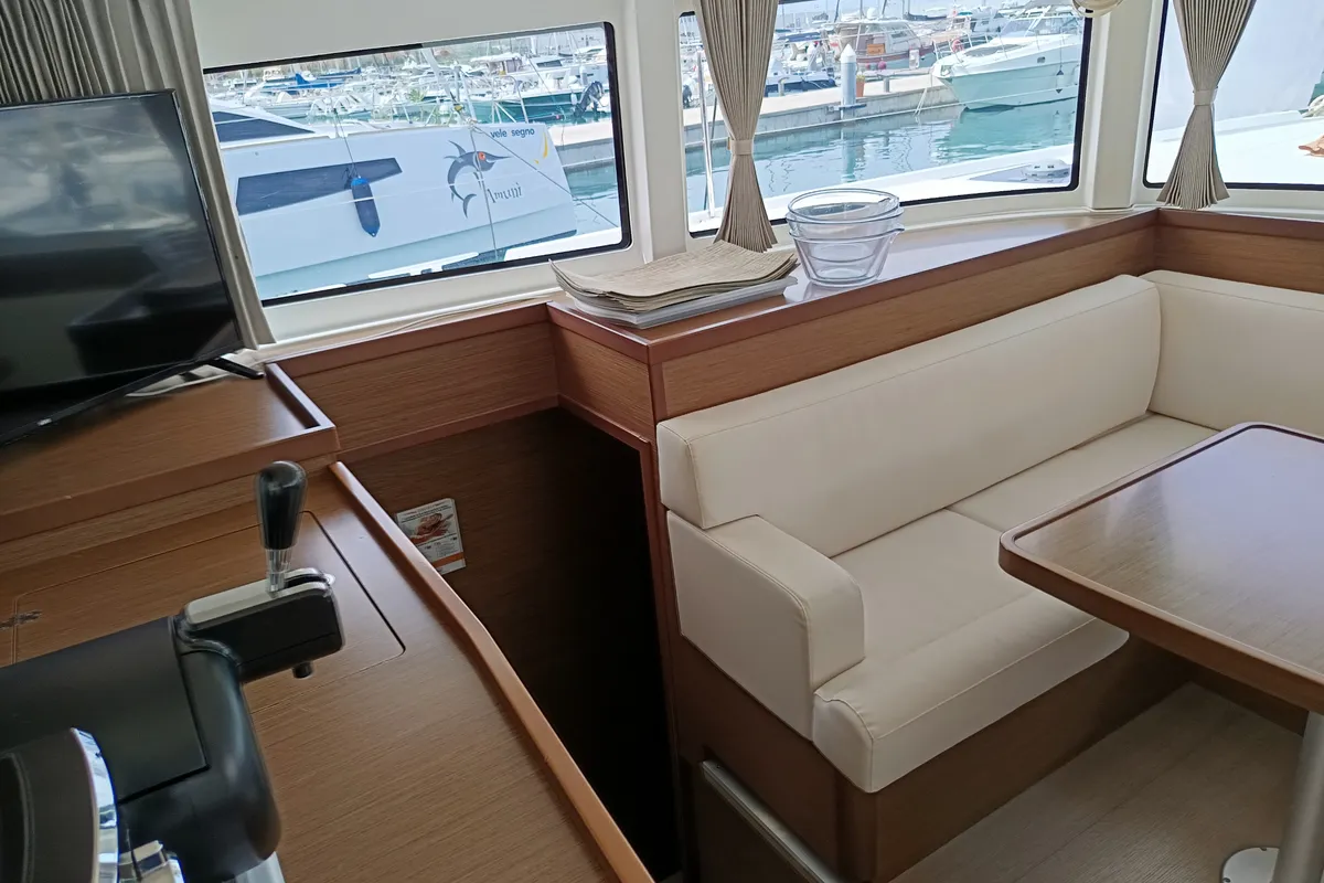 Salon of Waterworld, a Lagoon 42 catamaran at Capo d'Orlando, Italy