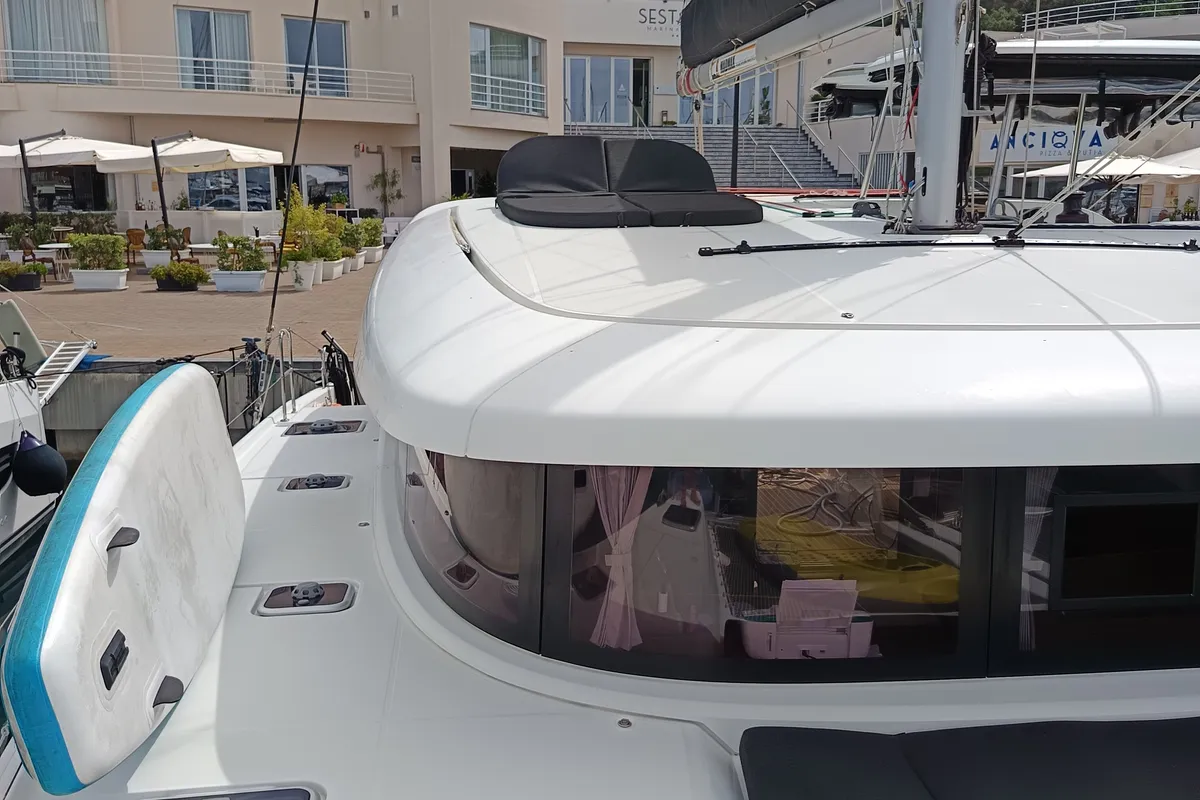 Deck of Waterworld, a Lagoon 42 catamaran at Capo d'Orlando, Italy